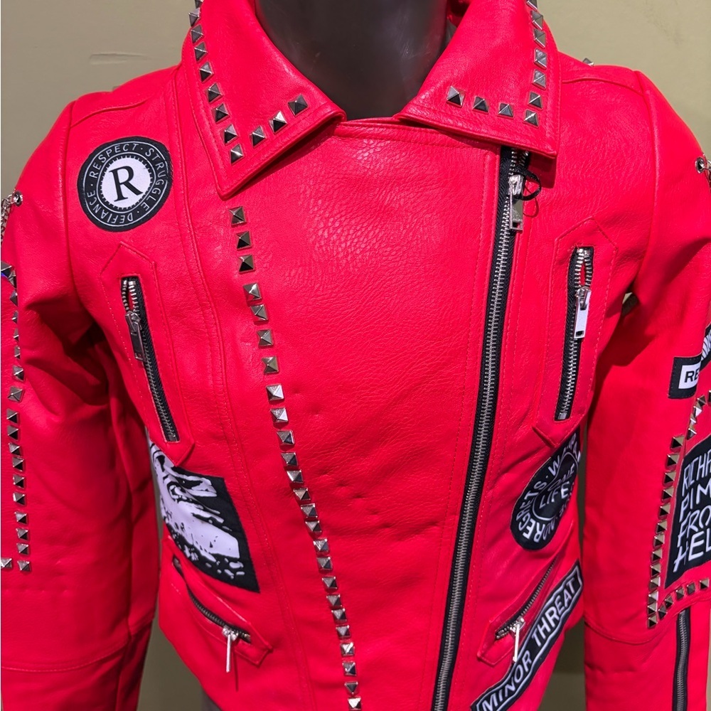 Robert Phillipe women Red Studded Biker Jacket with Patches vegan leather - Picture 5 of 5
